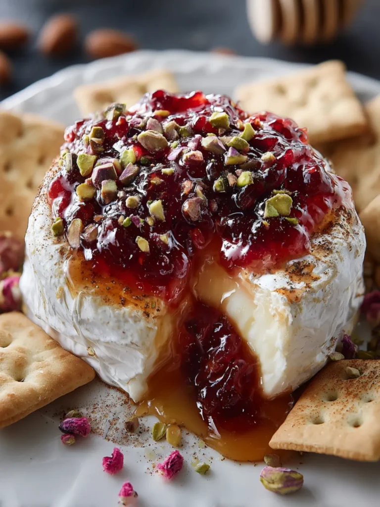 Baked Brie with Cherry Jam, Pistachios, Cinnamon, & Honey First Image